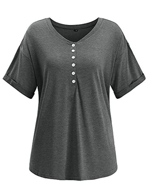 ULTRANICE Womens Short Sleeve T Shirts V-Neck Button Tops Casual Loose Henley Blouse