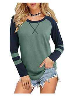 Women's Color Block Long Sleeve Tunic Tops Casual Shirts Round Neck Blouse