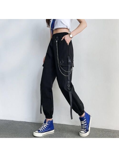 YBYR Women Cargo Pants 2021 Harem Pants Fashion Punk Pockets Jogger Trousers With Chain Harajuku Elastics High Waist Streetwear