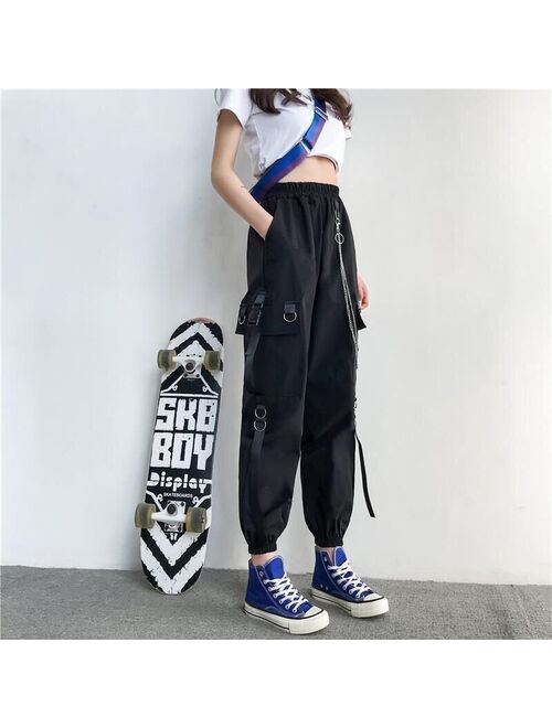 YBYR Women Cargo Pants 2021 Harem Pants Fashion Punk Pockets Jogger Trousers With Chain Harajuku Elastics High Waist Streetwear
