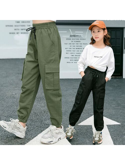 Pants for Kids Girls Cargo Pants Pure Color Trousers Pocket Loose Sport Pants High Waist Elastic Children Casual Running Pants