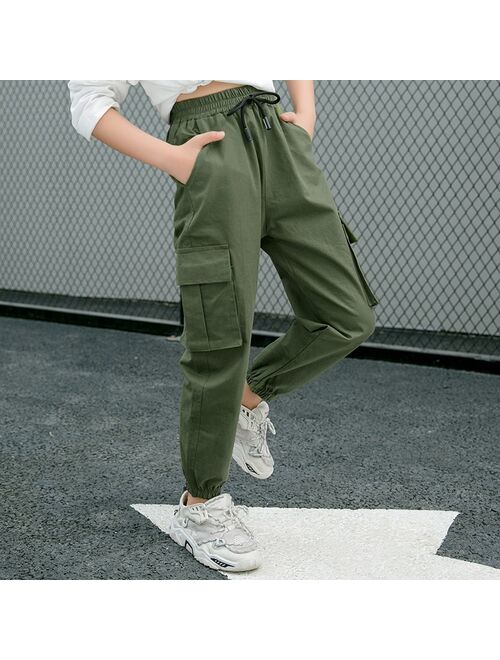 Pants for Kids Girls Cargo Pants Pure Color Trousers Pocket Loose Sport Pants High Waist Elastic Children Casual Running Pants