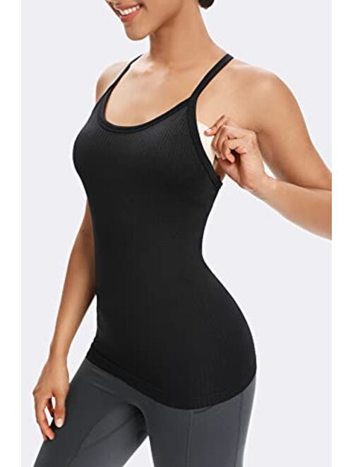 ANGOOL Workout Tank Tops for Women with Built in Bra, Ribbed Knit Camisole Sports Shirts for Yoga Running