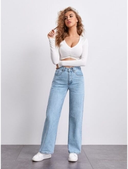BASICS Stone Wash Middle-Waisted Straight Jeans