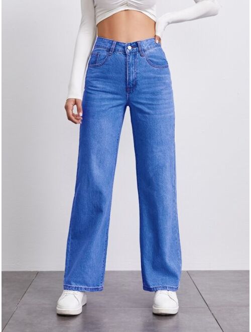 SHEIN BASICS Stone Wash Middle-Waisted Straight Jeans