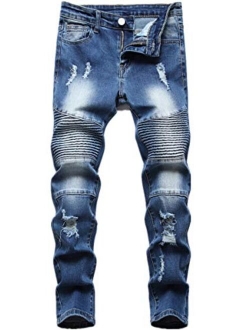 Lanscadran Boy's Biker Skinny Fit Ripped Destroyed Distressed Stretch Stylish Fashion Moto Denim Jeans Pants