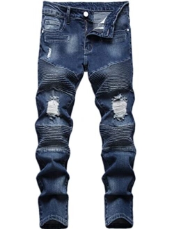 Lanscadran Boy's Biker Skinny Fit Ripped Destroyed Distressed Stretch Stylish Fashion Moto Denim Jeans Pants
