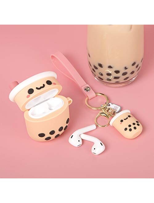 Cute Airpod Case Cover with Keychain Girly Pink Boba Milk Tea Design Compatible with Airpods 2&1 Charging Case for Women and Girls