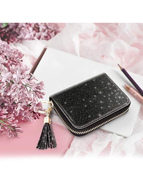 Womens Small Credit Card Wallet RFID Glitter Cute Credit Card Holder Wallets for Women Silver 