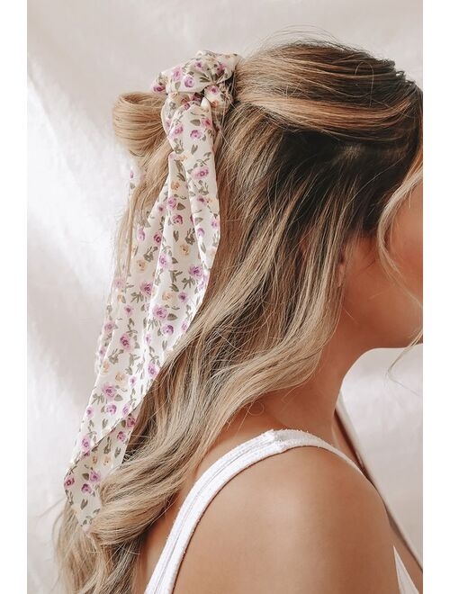 Lulus Blossoming Day Cream Floral Print Scarf Ponytail Holder