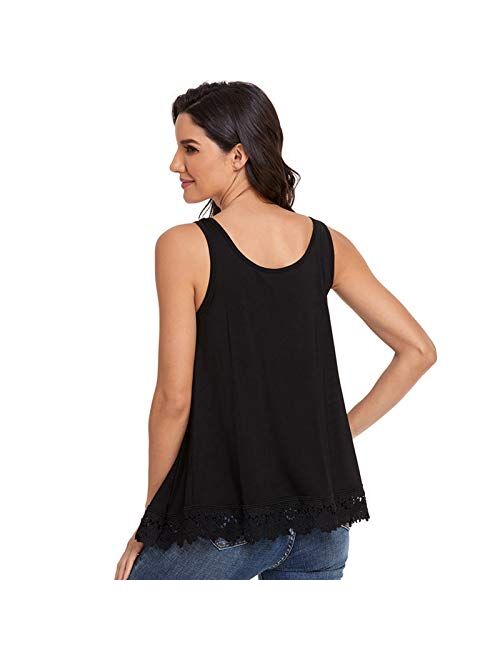 Women's Swing Lace Flowy Tank Top with Built in Bra, Loose Sleeveless Crew Neck Camisole Dress Blouse Shirt