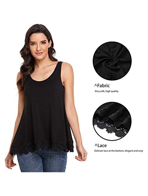 Women's Swing Lace Flowy Tank Top with Built in Bra, Loose Sleeveless Crew Neck Camisole Dress Blouse Shirt