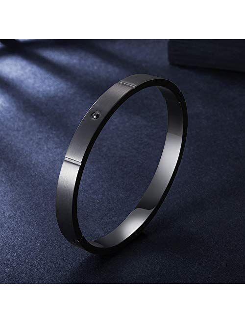 Wistic Black Bracelet with Stainless Steel Bangle Cuff and Magnetic-Clasp Plain Polished for Men Boy