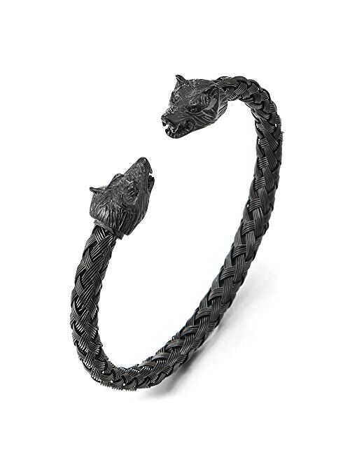 Mens Wolf Head Bracelet Steel Braided Cable Bangle Cuff Bracelet Polished, Adjustable