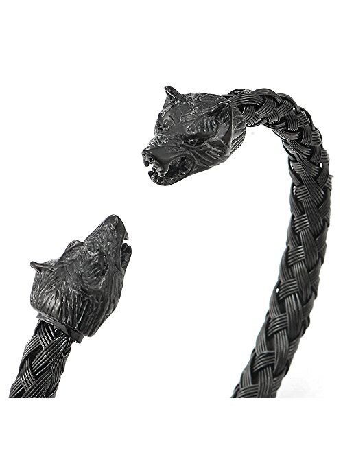 Mens Wolf Head Bracelet Steel Braided Cable Bangle Cuff Bracelet Polished, Adjustable