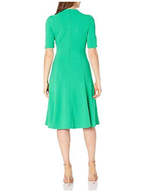 Donna Morgan Women's Short Sleeve Tie-Neck Stretch Knit Crepe Fit and Flare Dress