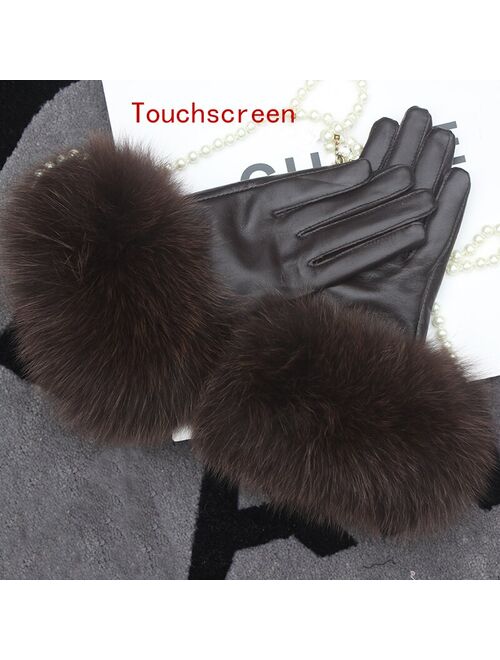 WARMTH WAY Real Sheepskin Fox Fur Men's Gloves Genuine Leather Glove Winter Warm Fashion Style Natural Fluffy Fox Fur Oversized Green Gray