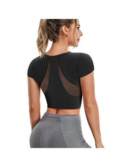 TrainingGirl Women's Slim Fit Workout Tops Mesh Back Yoga Crop Tops Short Sleeve Athletic Gym Fitness Shirt with Built in Bra