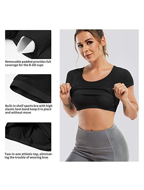TrainingGirl Women's Slim Fit Workout Tops Mesh Back Yoga Crop Tops Short Sleeve Athletic Gym Fitness Shirt with Built in Bra