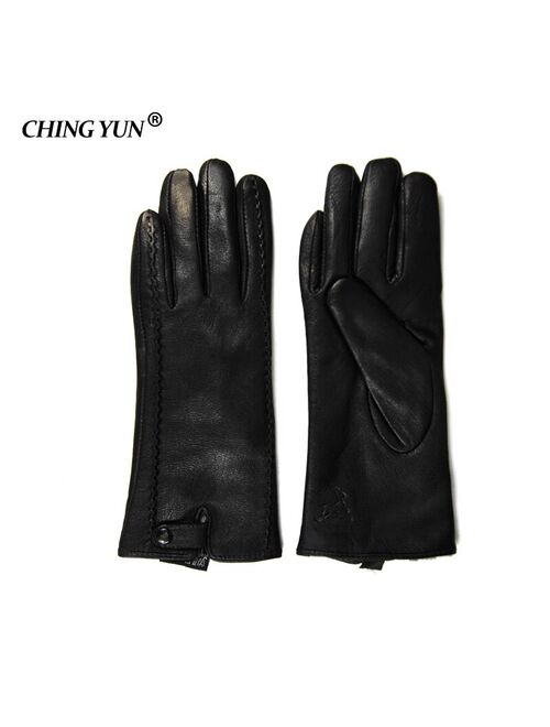 CHING YUN New Women's Gloves Genuine Leather Winter Warm Fluff Woman Soft Female Rabbit Fur Lining Riveted Clasp High-quality Mittens