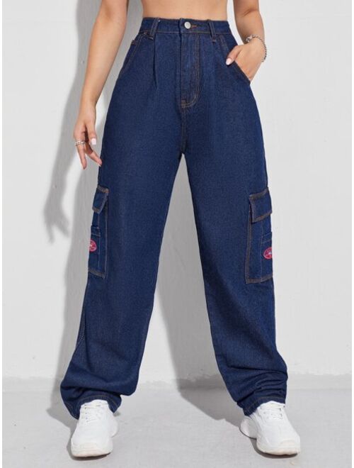 Buy Shein Patched Detail Flap Pocket Wide Leg Jeans online | Topofstyle