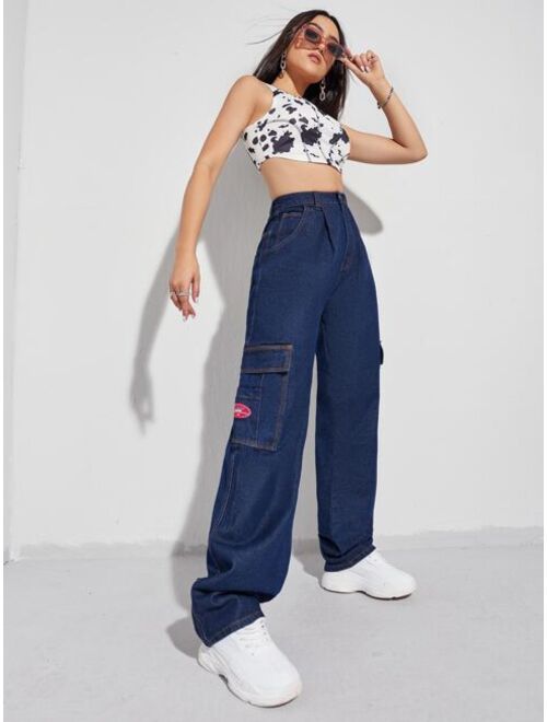 Shein Patched Detail Flap Pocket Wide Leg Jeans