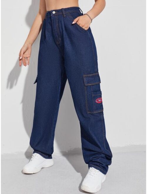 Shein Patched Detail Flap Pocket Wide Leg Jeans