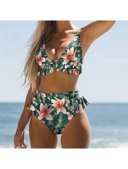 Sfit High Waist Ruffle Swimsuit 2021 NEW Women Print Floral Sexy Bikini Set Push Up Bathing Suit Beachwear biquinis