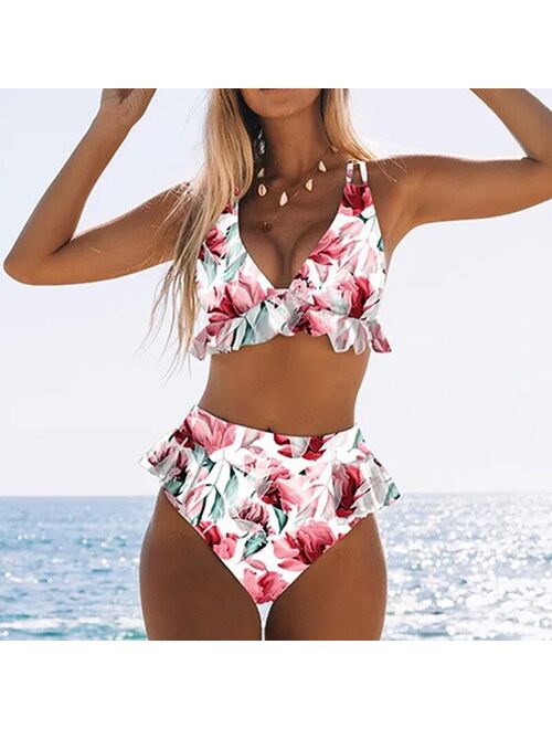 Sfit High Waist Ruffle Swimsuit 2021 NEW Women Print Floral Sexy Bikini Set Push Up Bathing Suit Beachwear biquinis