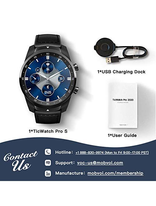 TicWatch Pro S smartwatch with 1GB RAM Memory Built-in GPS IP68 Waterproof 24h Heart Rate Monitoring Sleep Tracking Wear OS by Google smartwatch for Men and Women
