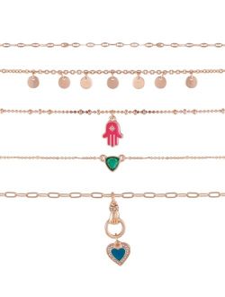 Gold-tone Set Of 5 Chokers With Crystal And Resin Charms