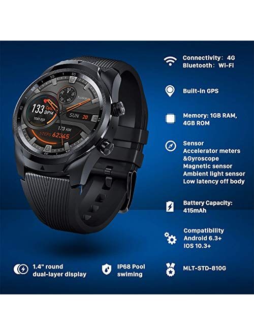 TicWatch Pro 4G LTE Cellular Smartwatch GPS NFC Wear OS by Google Android Health and Fitness Tracker with Calls Notifications Music Swim Sleep Tracking Heart Rate Monitor