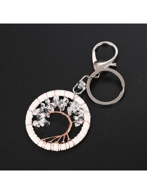 WOJIAER Tree of Life Key Ring Natural Stone Chip Bead Handmade Leather Cord Wrap Keychain Crystal Women Bohemia Jewelry PBM107