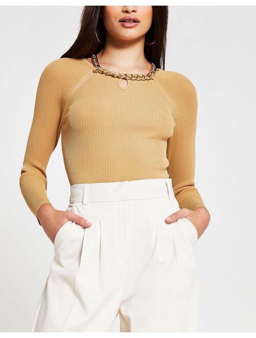 River Island chain choker ribbed long sleeve top in camel