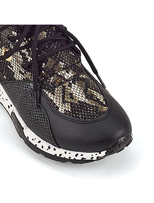 LUCKY STEP Women's Leopard Colorblock lace up Sneakers Cosy Chunky Climbing Hiking Running Shoes.