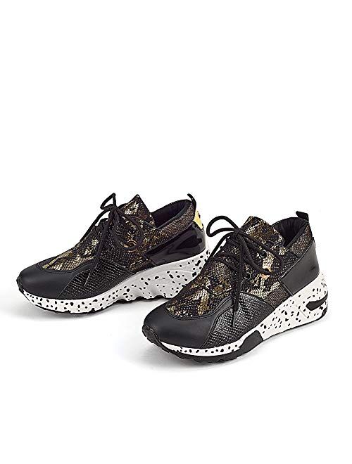 LUCKY STEP Women's Leopard Colorblock lace up Sneakers Cosy Chunky Climbing Hiking Running Shoes.