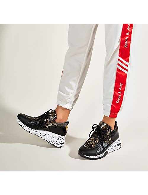 LUCKY STEP Women's Leopard Colorblock lace up Sneakers Cosy Chunky Climbing Hiking Running Shoes.