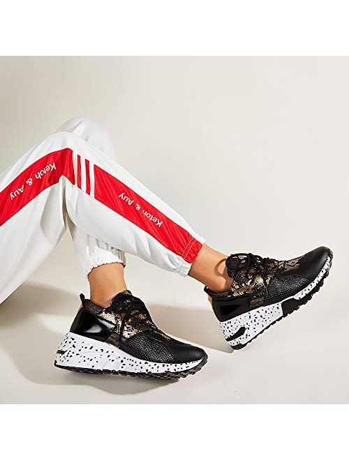 LUCKY STEP Women's Leopard Colorblock lace up Sneakers Cosy Chunky Climbing Hiking Running Shoes.