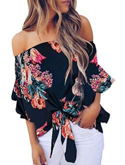 Womens Summer Floral Printed Off The Shoulder Tops 3 4 Flare Sleeve Tie Knot T-Shirt Blouses