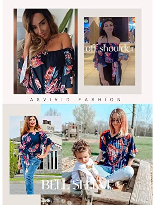 Asvivid Womens Summer Floral Printed Off The Shoulder Tops 3 4 Flare Sleeve Tie Knot T-Shirt Blouses