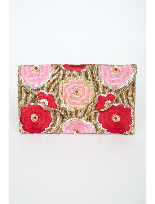 Lulus Let Your Love Bloom Red and Gold Beaded Embroidered Clutch