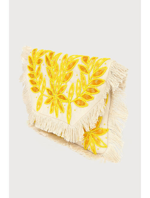 Lulus In the Flora Natural Multi Floral Beaded Fringe Clutch