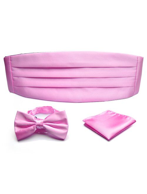 PenSee Mens Formal Solid Pre-tied Bow Tie & Pocket Square & Cummerbund Set