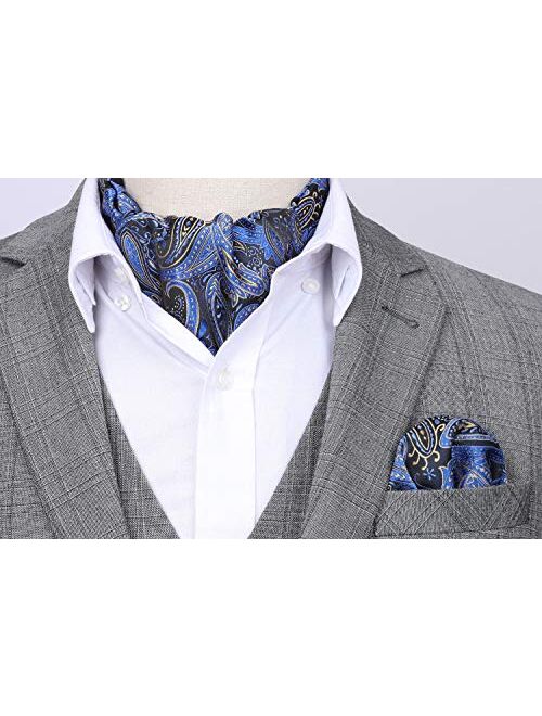 HISDERN Mens Paisley Floral Ascot Jacquard Woven Cravat Tie and Pocket Square Set