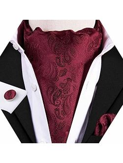 Barry.Wang Mens Cravat Tie Silk Ascot Paisley Scarf Self Ties Pocket Square Cufflinks Set Dress Wedding