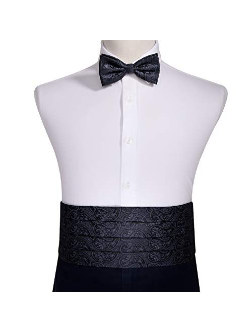 Barry.Wang Men Paisley Cummerbund and Pre-tied Bow Tied with Pocket Square Silk Satin Belt