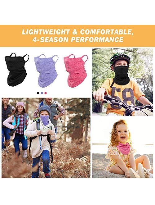 MoKo Kids Neck Gaiter Face Mask, 3 Pack Scarf Bandana Mask with Ear Loops for Kids Balaclava UV Sun Protection Dust Wind Proof Children Outdoors Cycle Skating Bandanas He