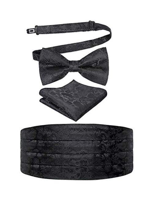 Alizeal Mens Paisley/Solid Pre-tied Party Adjustable Bow Tie, Cummerbund and Pocket Square Gift Set