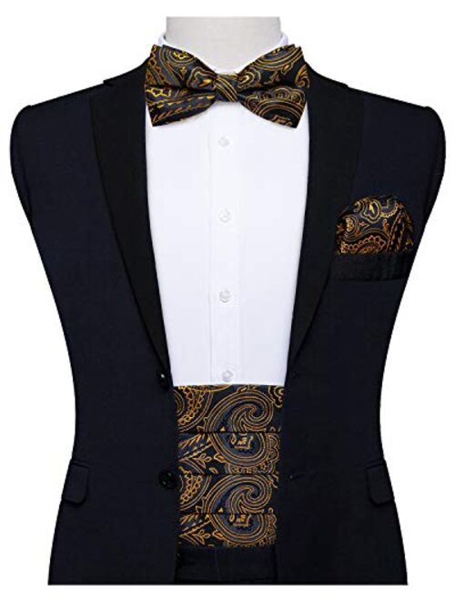 DiBanGu Mens Formal Cummerbund Bow Tie Pocket Square Cufflinks Paisley Floral Set for Suit Tuxedo