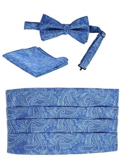 Men's Adjustable Satin And Paisley Cummerbund Set With Formal Bow Tie and Pocket Square
